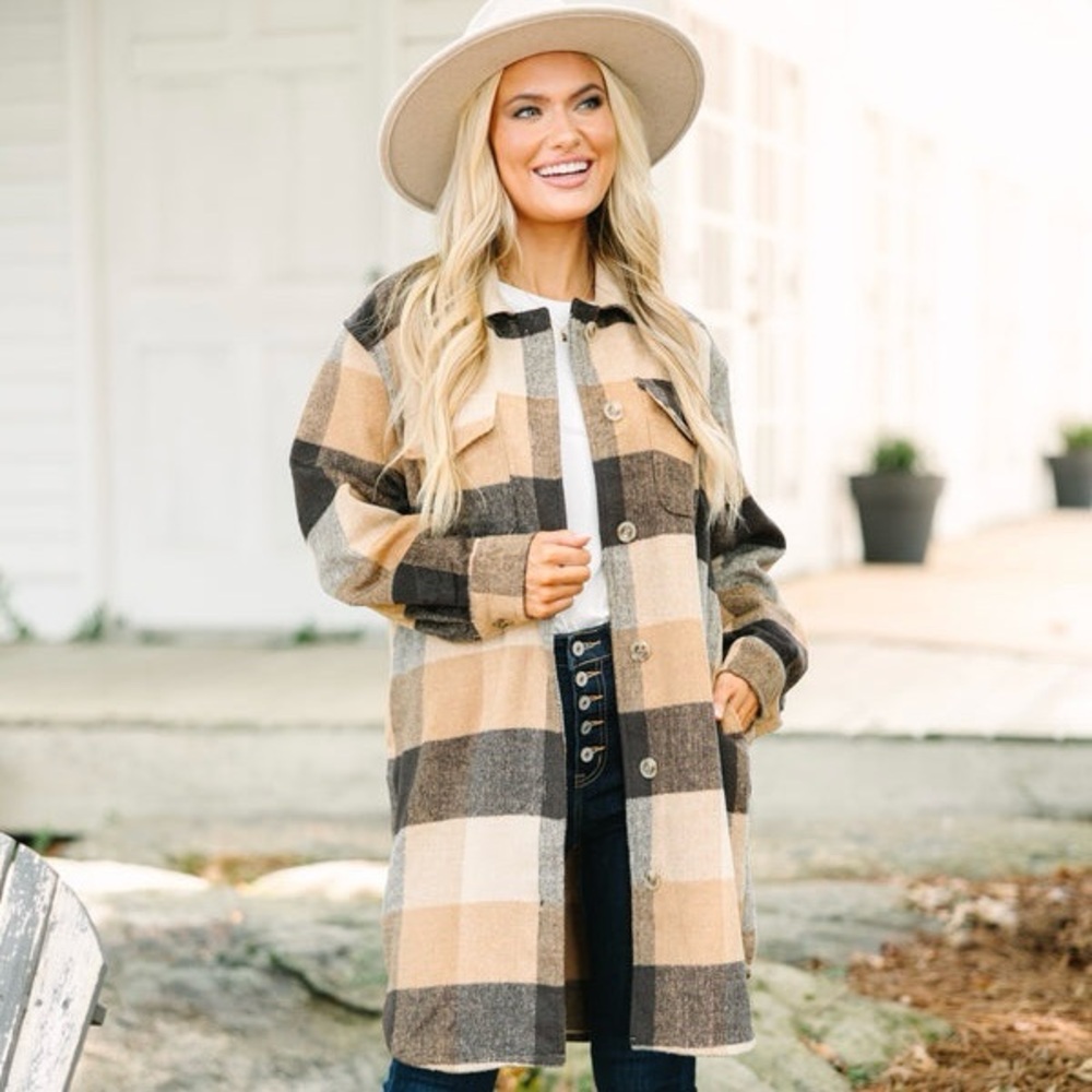 The Mint Plaid Flannel Shacket, Women’s S, Jacket, Button Down, Pockets